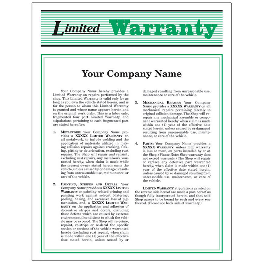 Auto Repair Warranty Forms Green (250) Automotive Forms